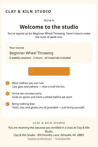 Clay & Kiln Studio — Workshop Welcome — Welcome & Onboarding html5 email template