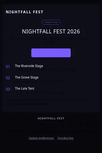 Nightfall Fest — Lineup Drop — Product Launches html5 email template