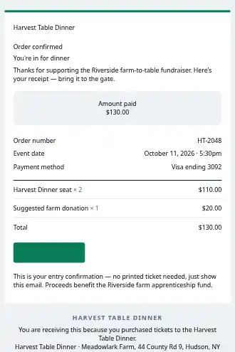 Harvest Table Dinner — Ticket Confirmation — Transactional template