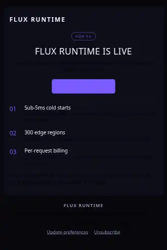 FLUX RUNTIME — Product Launch — Product Launches html5 email template