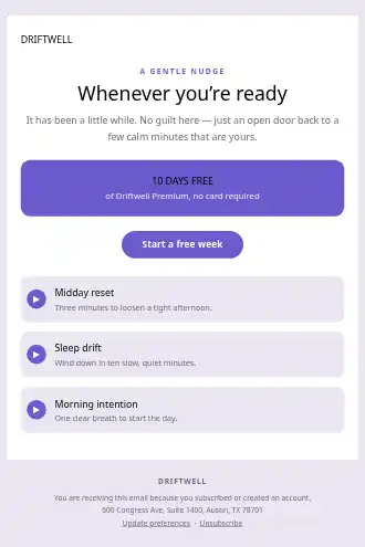 DRIFTWELL — Re-engagement / Win-back — Win-back & Cart html5 email template