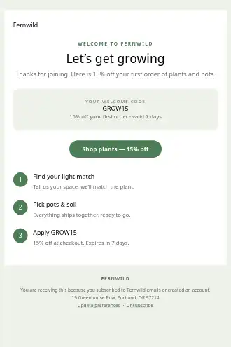 Fernwild — Plants / Garden promo — Welcome & Onboarding html5 email template