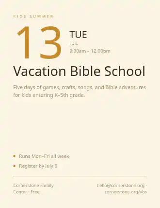 Vacation Bible School — Church Events flyer template