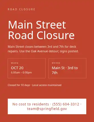 Main Street Road Closure — City Services flyer template