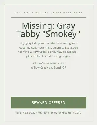 Missing: Gray Tabby "Smokey" — Lost & Found template
