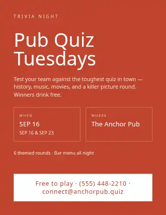 Pub Quiz Tuesdays — Social Events template