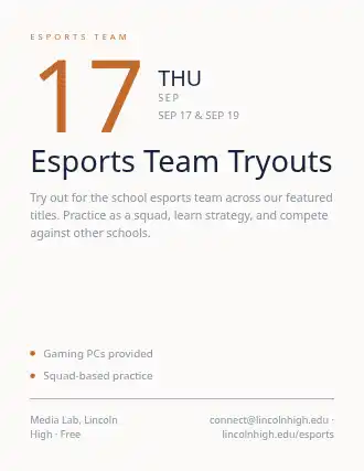 Esports Team Tryouts — School Clubs flyer template