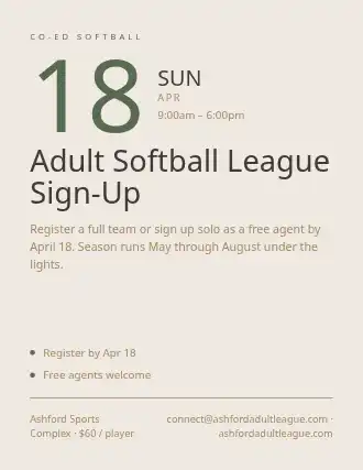 Adult Softball League Sign-Up — Signups flyer template