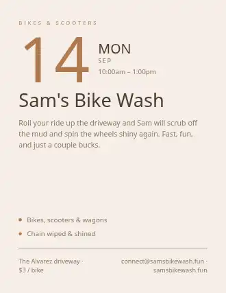 Sam's Bike Wash — Kid Ventures flyer template