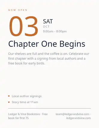 Chapter One Begins — Grand Openings flyer template