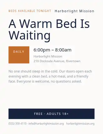 A Warm Bed Is Waiting — Homeless Shelters template
