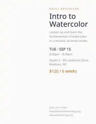 Intro to Watercolor — Adult Classes flyer template