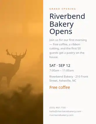 Riverbend Bakery Opens — Grand Openings flyer template