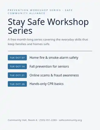 Stay Safe Workshop Series — Preventions flyer template