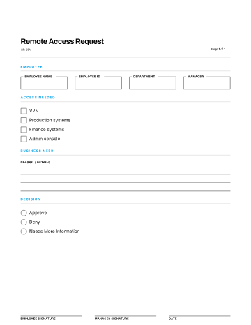 Remote Access Request — Remote & Equipment form template
