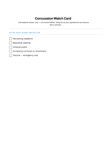 Concussion Watch Card — When to Seek Care template
