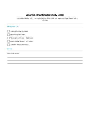 Allergic Reaction Severity Card — When to Seek Care template