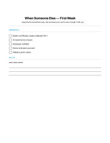 When Someone Dies — First Week — Loss & Bereavement checklist template