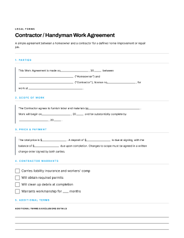 Contractor / Handyman Work Agreement — Property & Homeownership form template