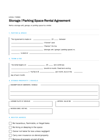 Storage / Parking Space Rental Agreement — Leases & Rentals template