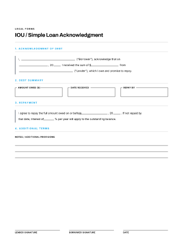 IOU / Simple Loan Acknowledgment — Lending & Debt template