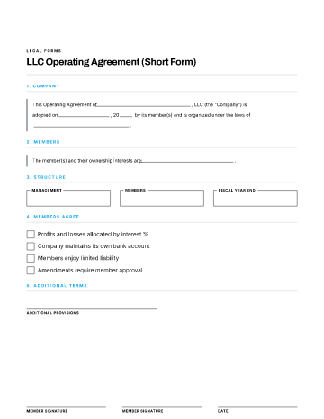 LLC Operating Agreement (Short Form) — Business Agreements form template