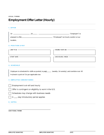 Employment Offer Letter (Hourly) — Employees & HR template