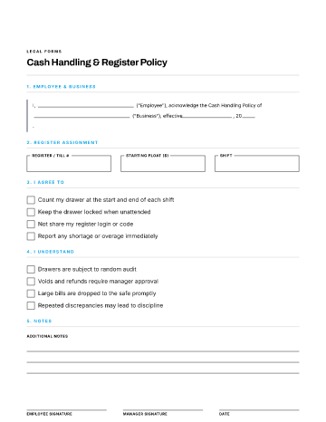 Cash Handling & Register Policy — Business Operations & Sales form template