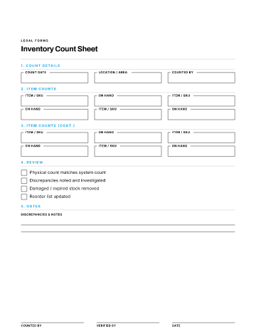 Inventory Count Sheet — Business Operations & Sales form template