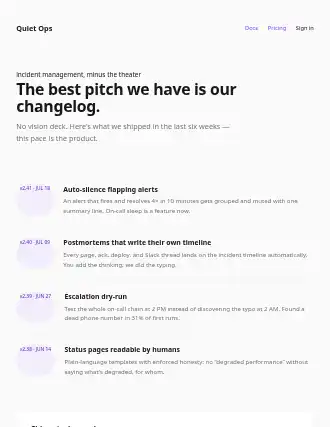 Quiet Ops — changelog landing — Devtools template