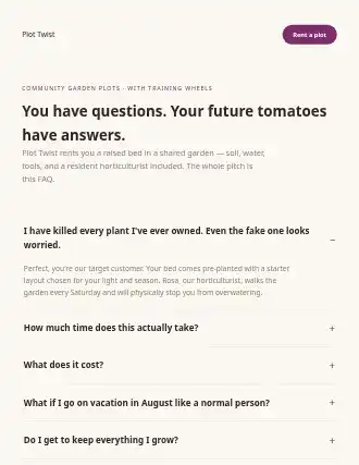 Plot Twist — faq-led landing — Local-Business html5 landing page template