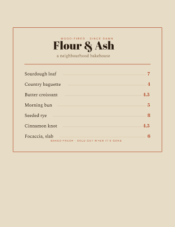 Flour & Ash — Menu — Bakery template