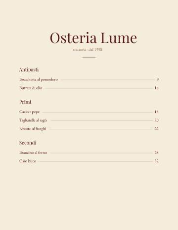 Osteria Lume — Menu — Trattoria form template