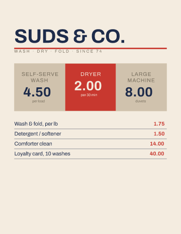 Suds & Co. — Menu — Laundromat form template