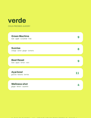 verde — Menu — Juice Bar form template