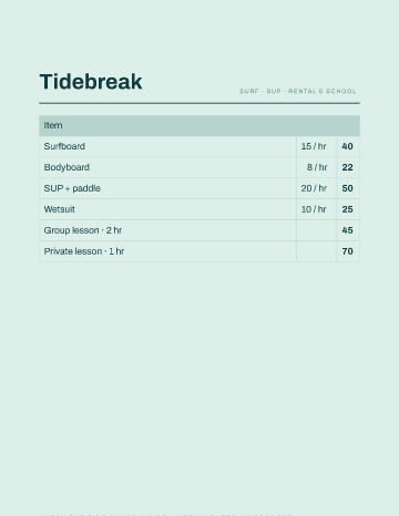 Tidebreak — Menu — Surf Rental form template
