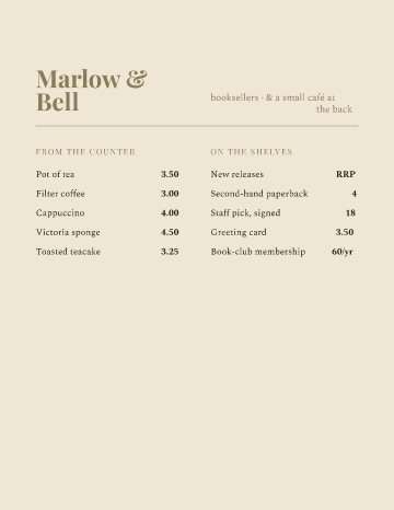 Marlow & Bell — Menu — Bookshop Café template