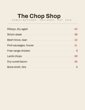 The Chop Shop — Menu — Butcher template