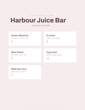 Harbour Juice Bar — Menu — Juice Bar template