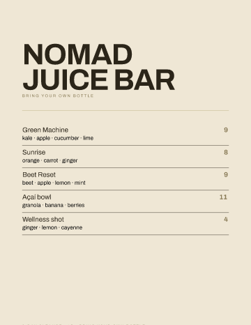 Nomad Juice Bar — Menu — Juice Bar template
