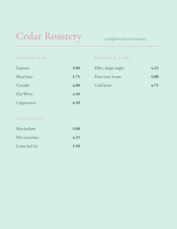 Cedar Roastery — Menu — Café form template