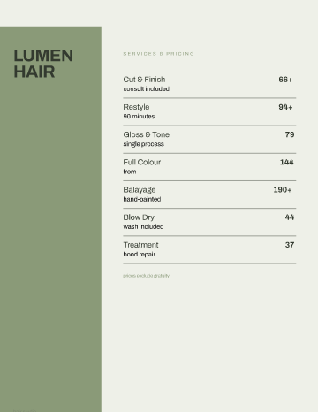 Lumen Hair — Menu — Salon template
