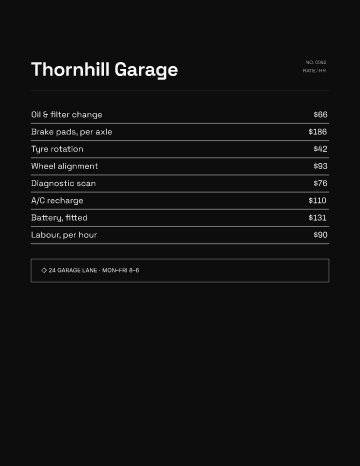 Thornhill Garage — Menu — Auto Repair template