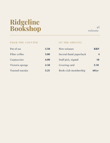 Ridgeline Bookshop — Menu — Bookshop Café form template