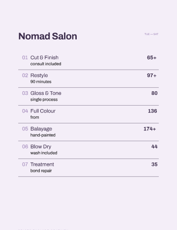 Nomad Salon — Menu — Salon template