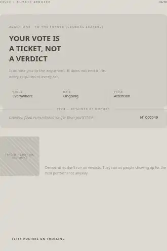 YOUR VOTE IS A TICKET, NOT A VERDICT — ticket poster — Civic/Public-Service template