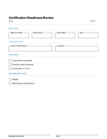 Certification Readiness Review — Competency & Skills template