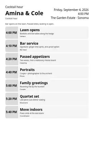 Amina & Cole — Cocktail hour — Weddings & Celebrations template