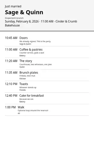Sage & Quinn — Elopement brunch — Weddings & Celebrations program template