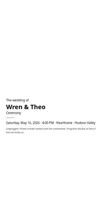 Wren & Theo — Tall ceremony card — Weddings & Celebrations program template